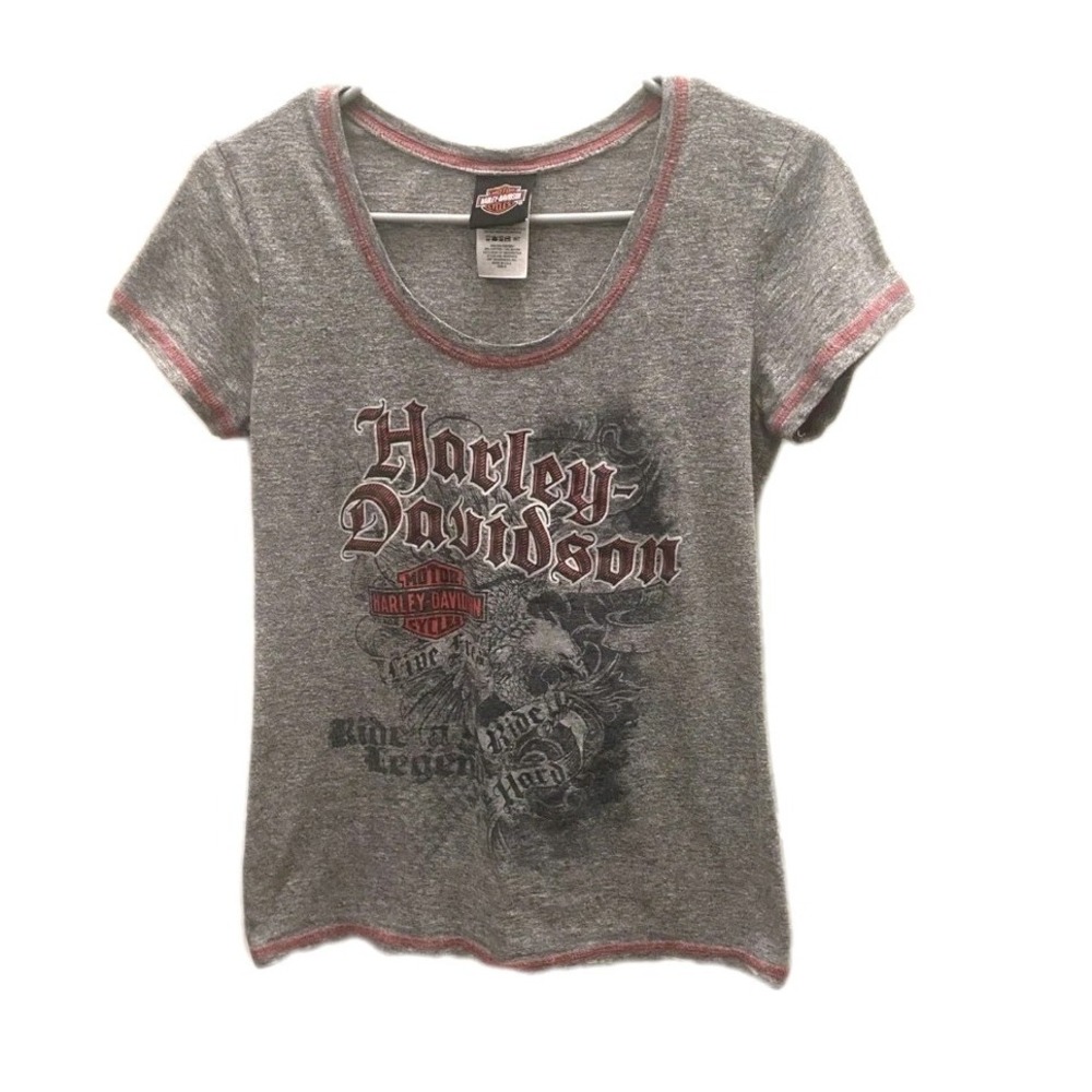 HARLEY-DAVIDSON Wmns Sz L T-Shirt Live Free Ride Hard Century Graphic Gray #307C